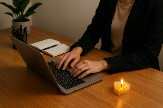 Person working at desk with yellow candle