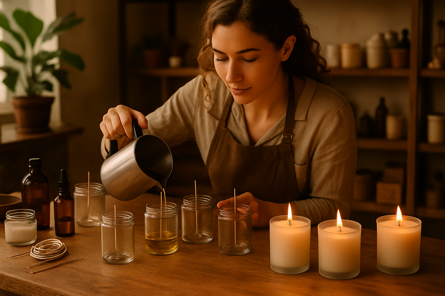 Woman making candles with lit frosted jars