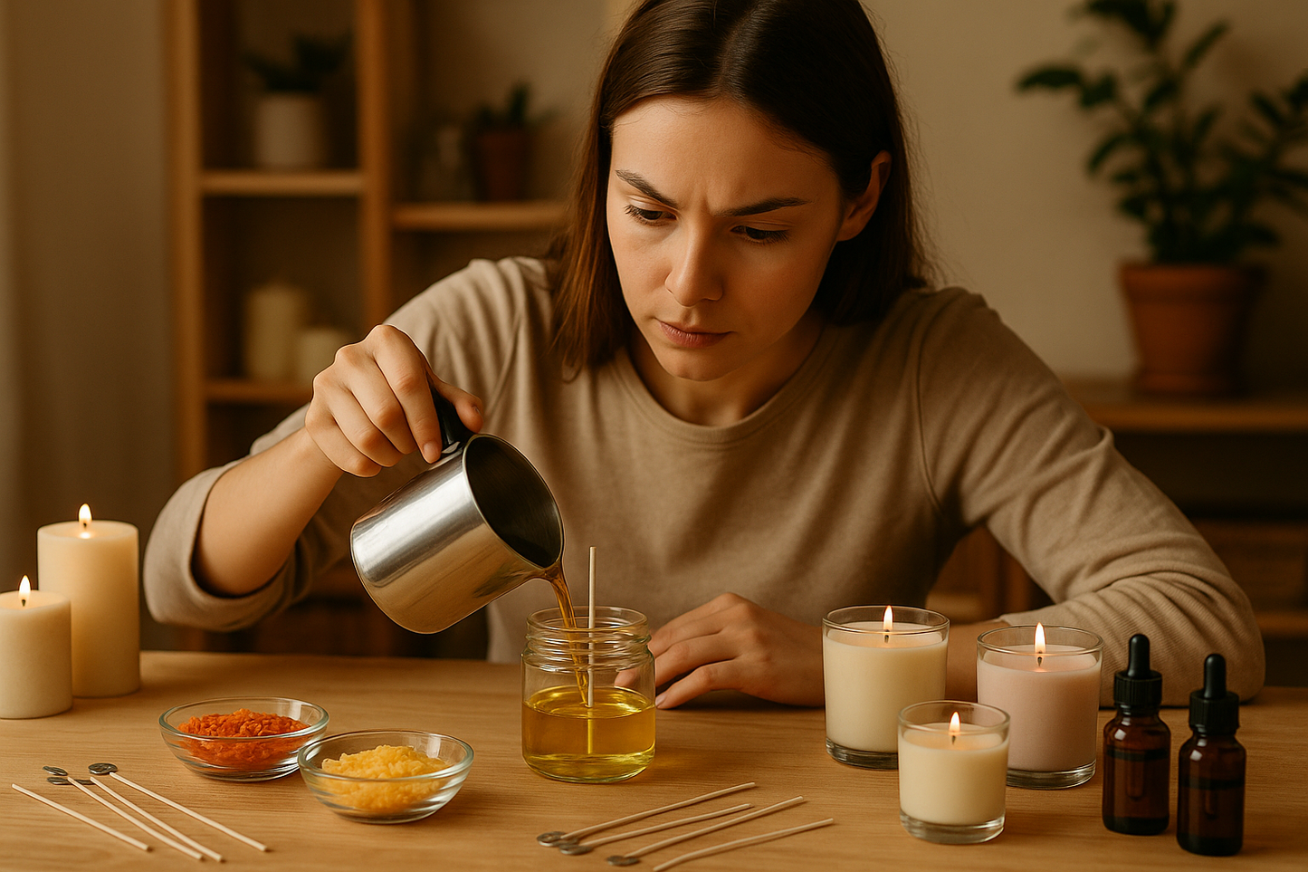 A young woman carefully pouring melted wax into a glass jar to make a custom handmade candle