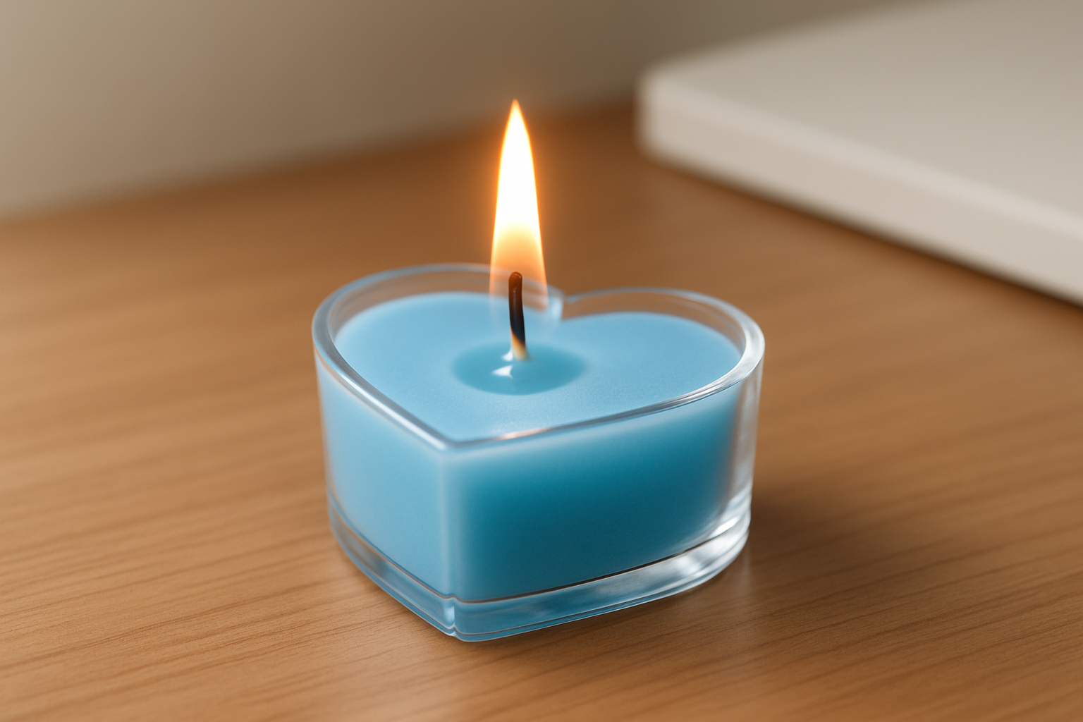 Blue candle in clear plastic heart-shaped mold on desk