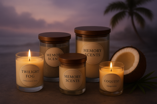 Memory Scents Candles with round labels and wooden lids