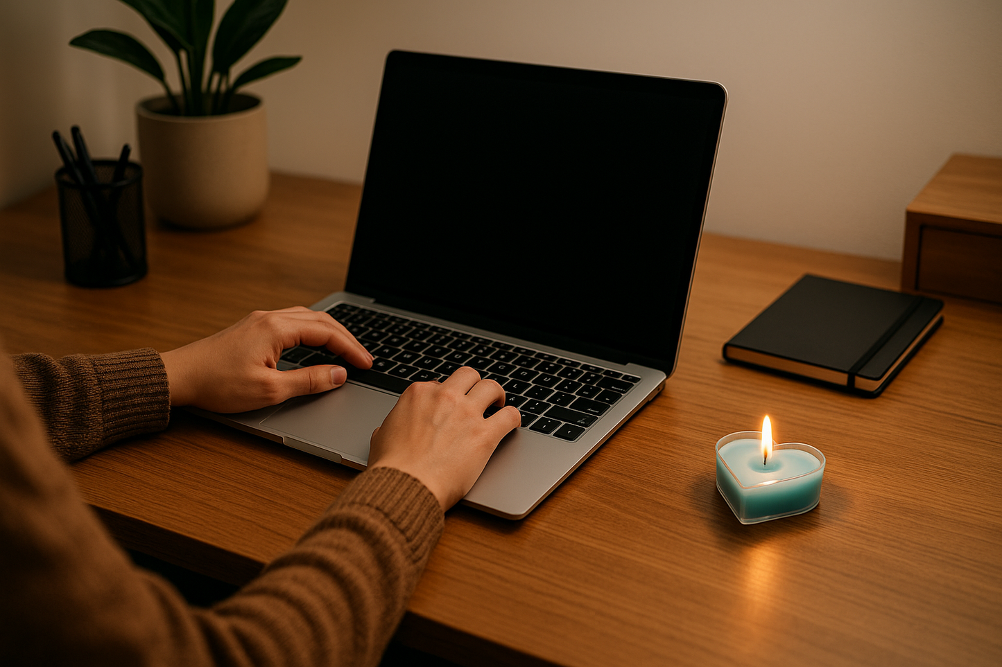 Person working at desk with blue candle