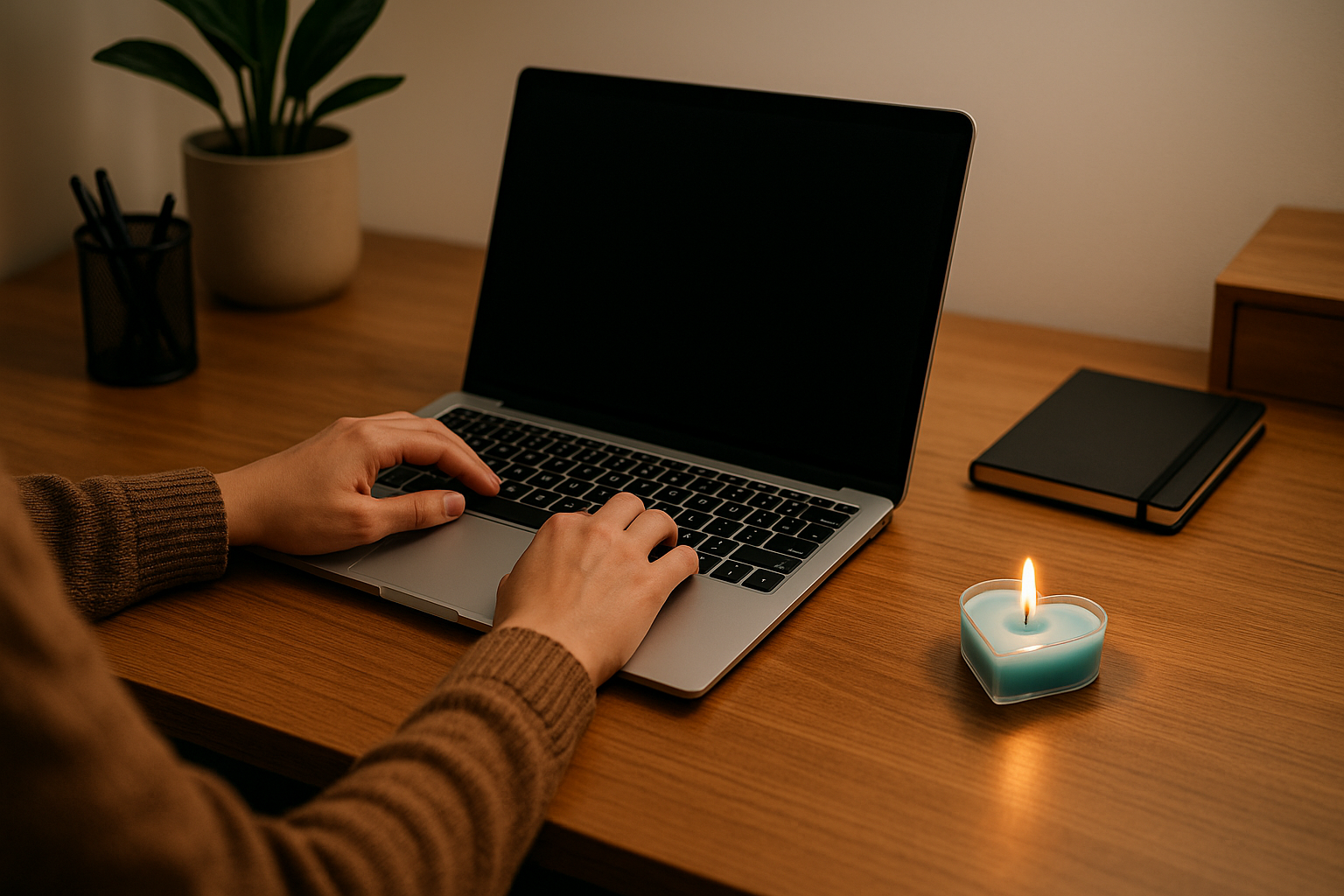 Person working at desk with blue candle