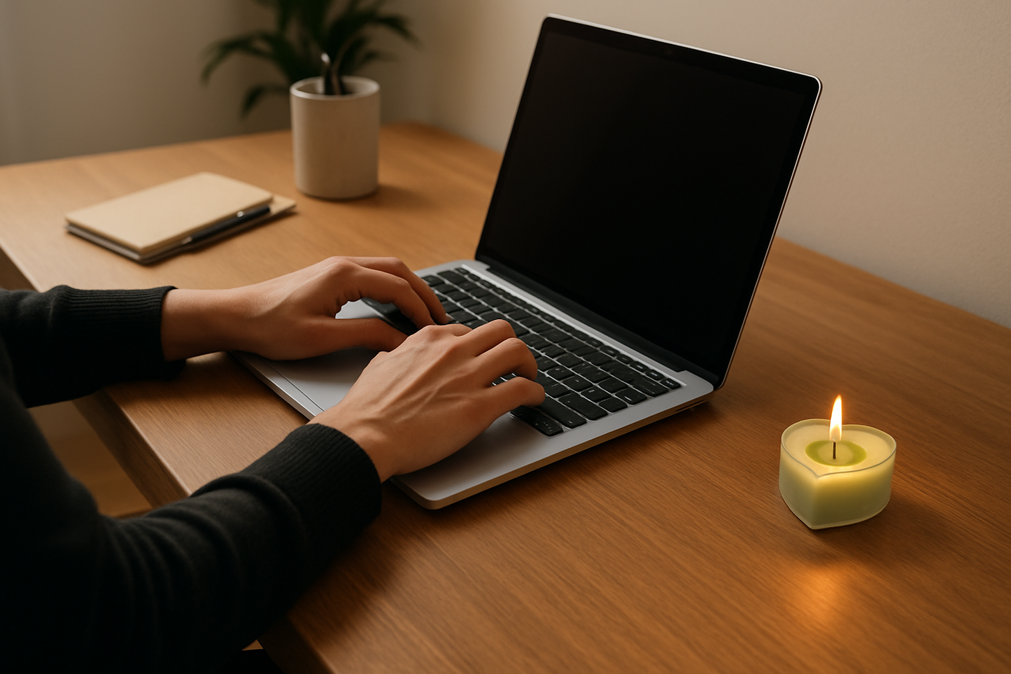 Person working at desk with light green candle - better positioning