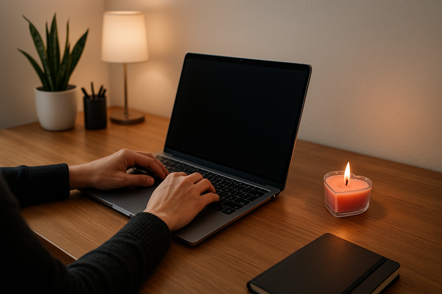 Person working at desk with pink candle