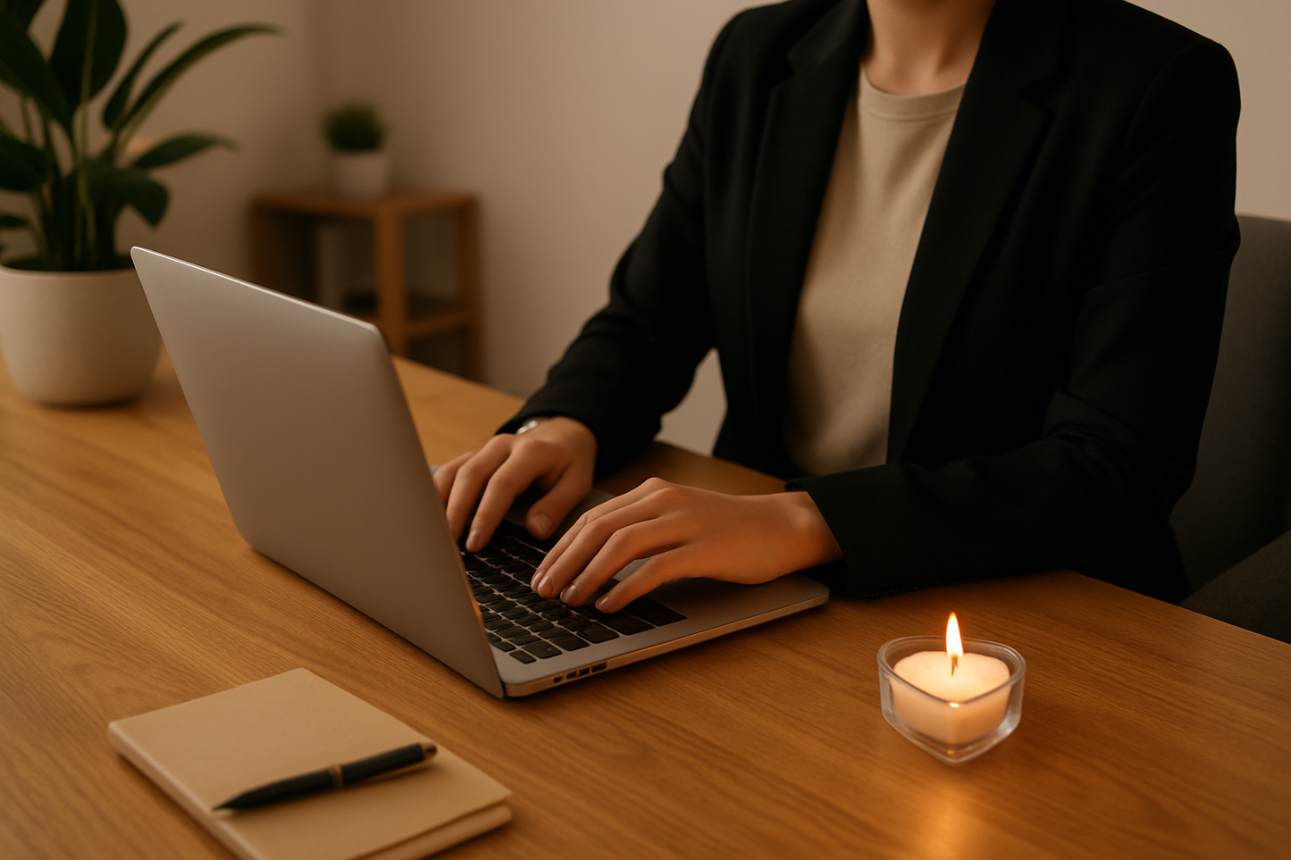 Person working at desk with white candle
