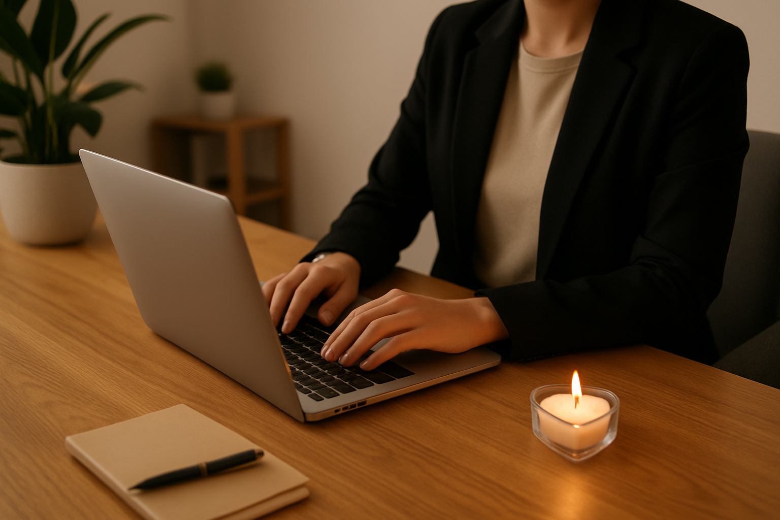 Person working at desk with white candle