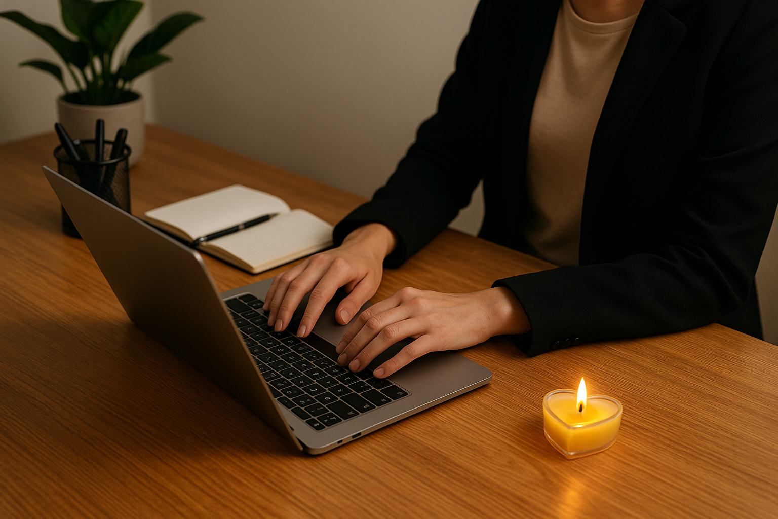 Person working at desk with yellow candle