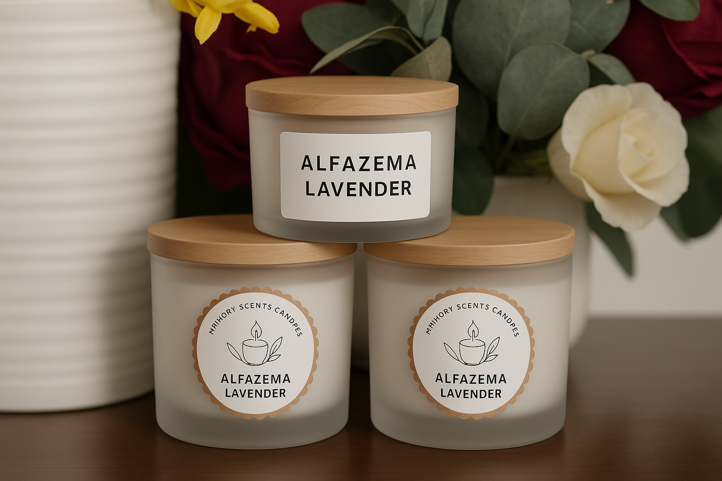 Professional candles with Alfazema Lavender label on top jar